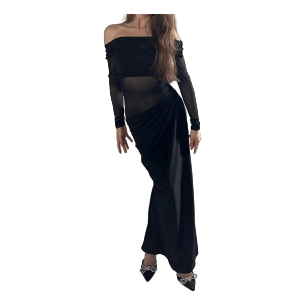 Black off-shoulder mesh dress