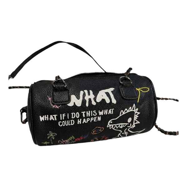 Black graffiti barrel bag