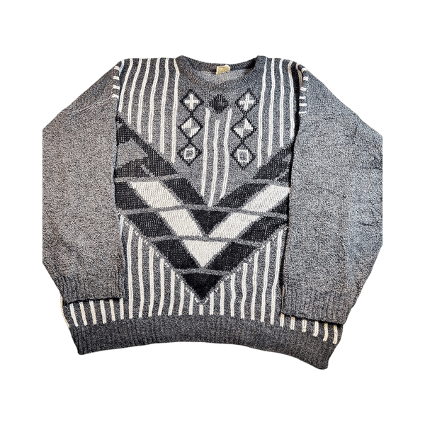 Vintage 80s/90s Geometric Knit Sweater - Made in England - Grey/Black - XL