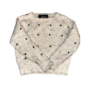 White fuzzy sweater with polka dots