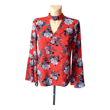 Red floral blouse