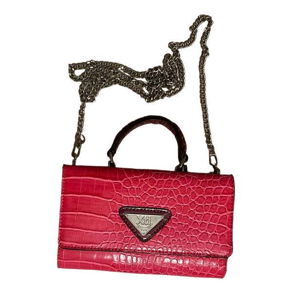 Pink crocodile-effect handbag