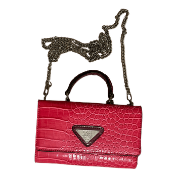 Pink crocodile-effect handbag