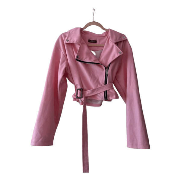 Pink cropped biker jacket