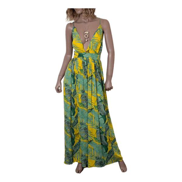 Yellow leaf print maxi dress