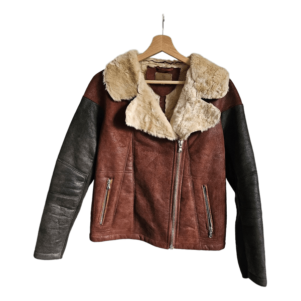 River Island Aviator Faux Shearling Biker Jacket Brown Black Size 10 Y2K
