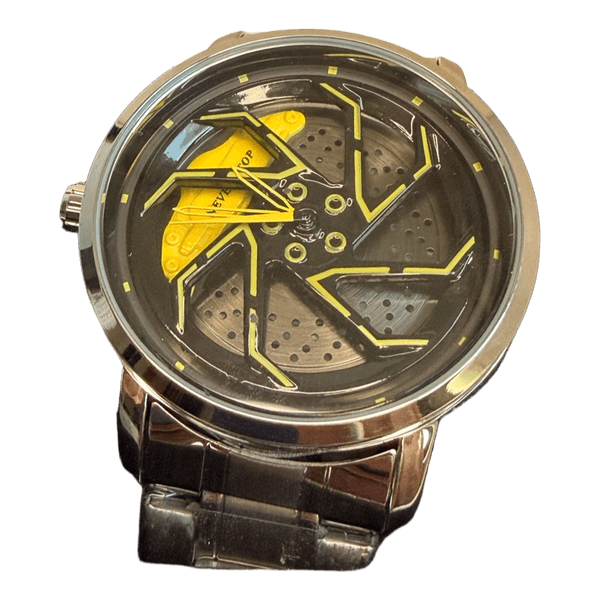 Men’s Car wheel Silver wristwatch with yellow wheel dial