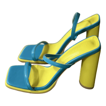 Blue yellow block heels