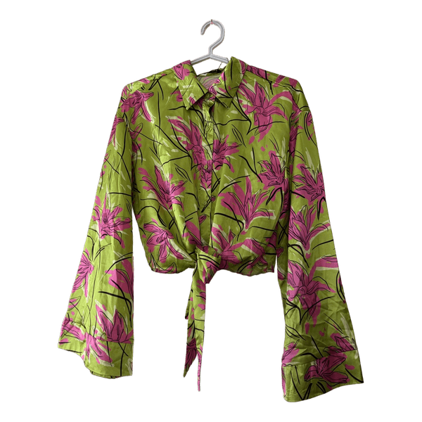 Green floral tie-front shirt