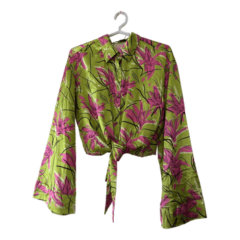 Green floral tie-front shirt