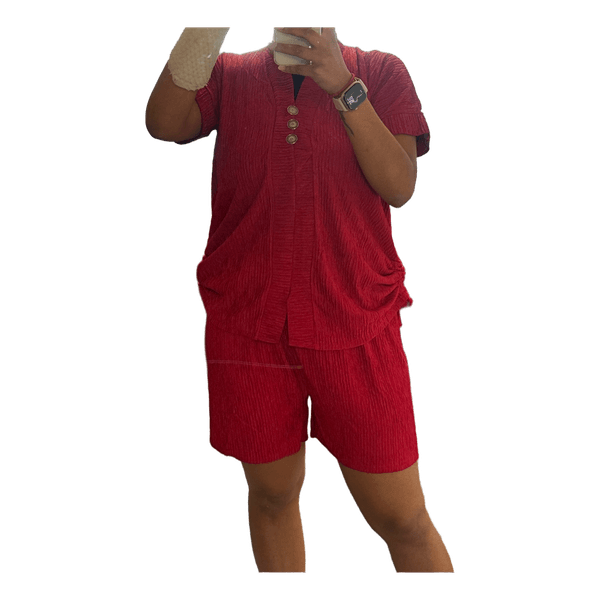 Red textured shorts set