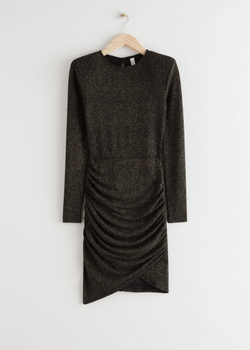 Draped Padded Shoulder Glitter Mini Dress