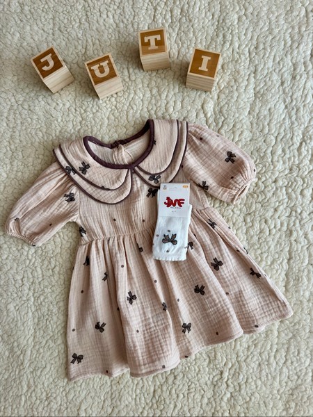 Sand brown bow muslin dress set