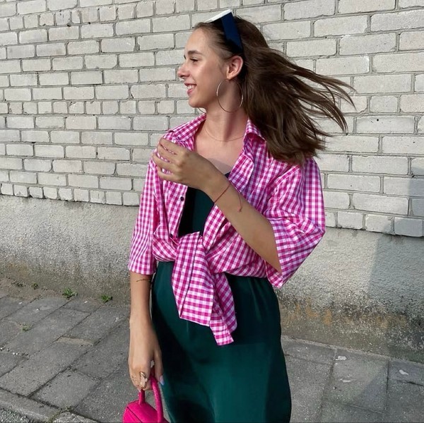 Pink checkered cotton shirt