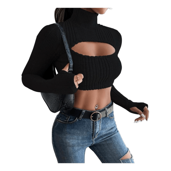 Black ribbed cutout crop top