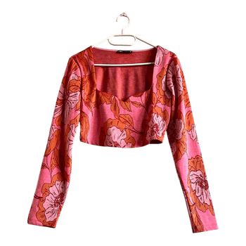 Zara Floral Crop Top Sweetheart Neck Long Sleeve Pink Orange Size M