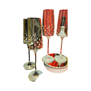 Decorative champagne flutes set 4 glasses and bottle of champ 