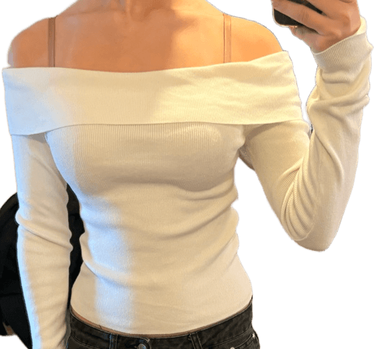 Hvid strikbluse med off-shoulder