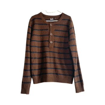 Cheap Monday John Sweater Henley Wool Blend Striped Knit Brown Black XS