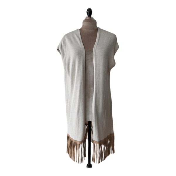 ARMA 100% Merino wool long vest with genuine goat leather fringe (38-40 / M-L)