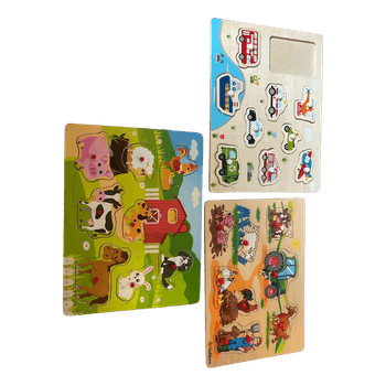 Three wooden peg puzzles
