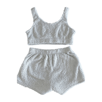 Valkoinen pörröinen toppi ja shortsit S – yö / koti / loungewear