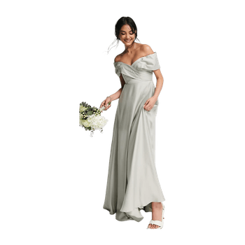 Sage green satin bardot dress