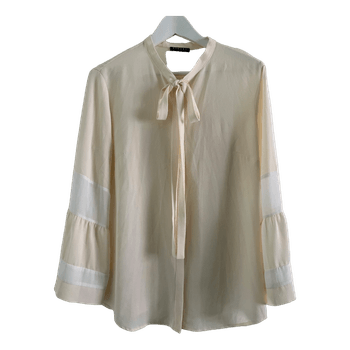 Beige/kerma pitkähihainen pusero, levenevät hihat, rusetti, Sisley, koko M