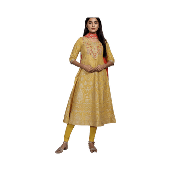 Indian yellow embroided kurta with leggings and scarf size S