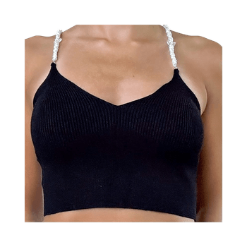 Musta ribattu crop top XS/S – helmiolkaimet / trendy / kesä