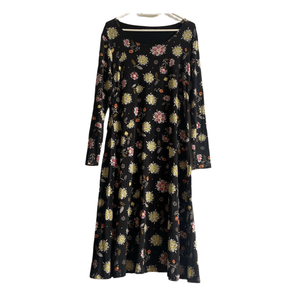 Gudrun Sjödén Women’s Floral Midi Dress Size S Black Long Sleeve Stretch
