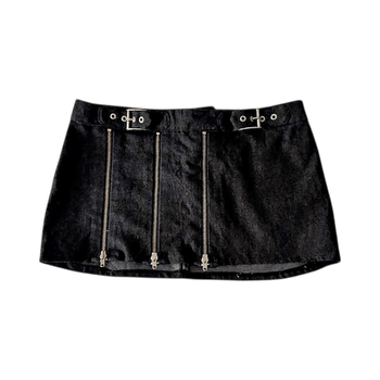 Black denim mini skirt with zippers