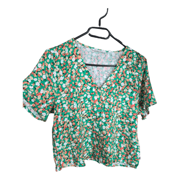 Green floral button-up blouse