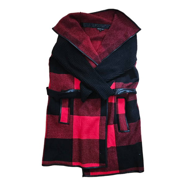 Red plaid belted cardigan