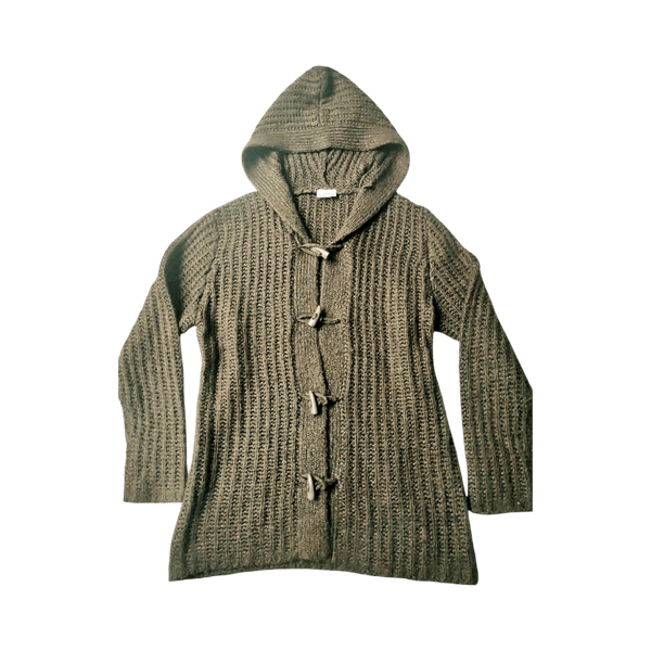Hooded Chunky Knit Cardigan - Toggle Buttons - Dark Green Brownish - M