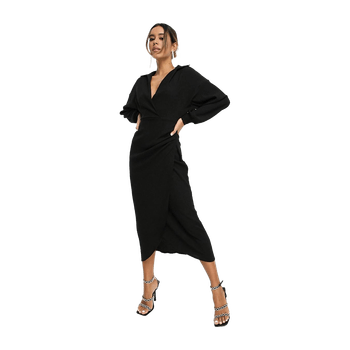 Textured collared wrap midi dress