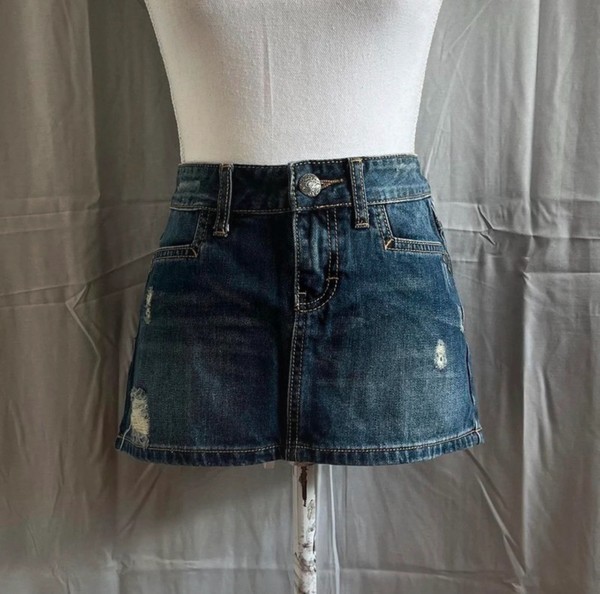 Distressed 00s denim mini skirt
