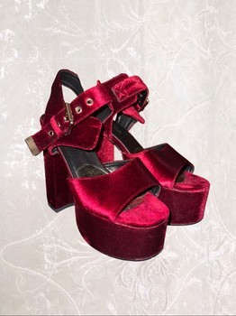 Dark red velvet platform heels