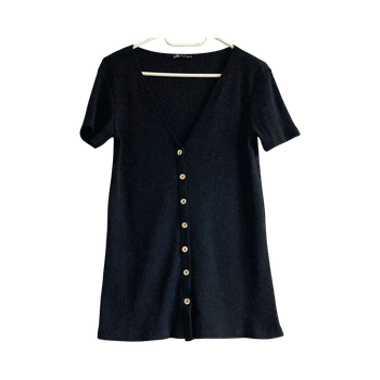 Zara Black Ribbed Button Front Mini Dress Tunic Cardigan XS/S Stretch Knit