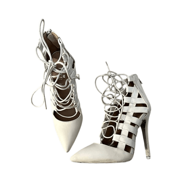 White lace-up high heels