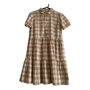 PIECES Dress S Beige Check Cotton Midi Cottagecore Prairie Boho Puff Sleeve Peter Pan Collar