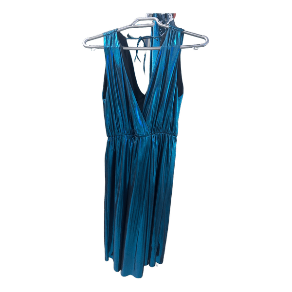 Blue metallic wrap dress