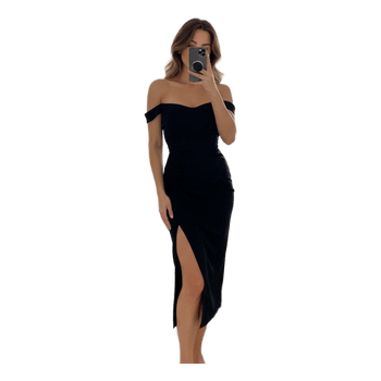 Schwarzes schulterfreies Kleid