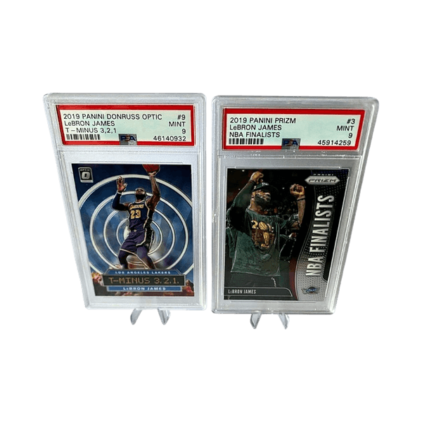 Graded PSA 9 LeBron James NBA Finalists Prizm card and 2019 PANINI DONRUSS OPTIC LeBRON JAMES T - MINUS 3,2,1