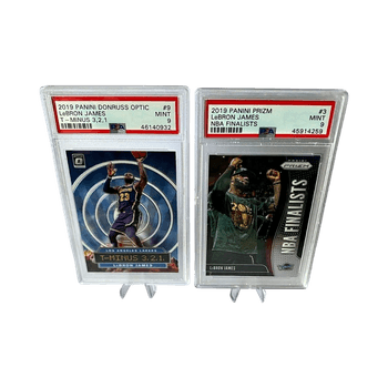 Graded PSA 9 LeBron James NBA Finalists Prizm card and 2019 PANINI DONRUSS OPTIC LeBRON JAMES T - MINUS 3,2,1