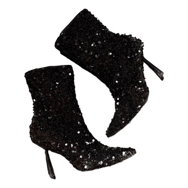 Black sequin heeled boots