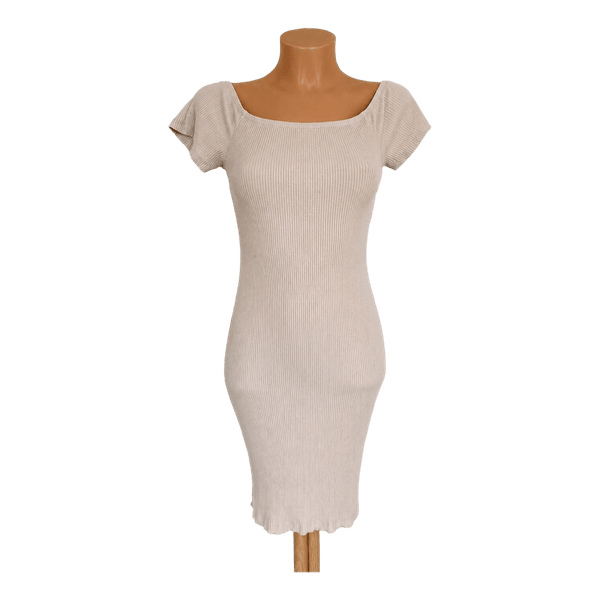 Beige ribbed off-shoulder dress
