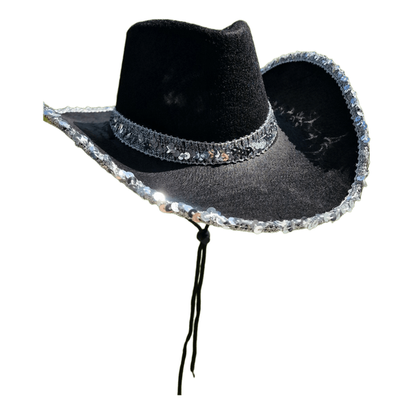 Kaubojiška skrybelė su blizgučiais. Vakarėlio  kepurė Cowboy Cowgirl party juoda