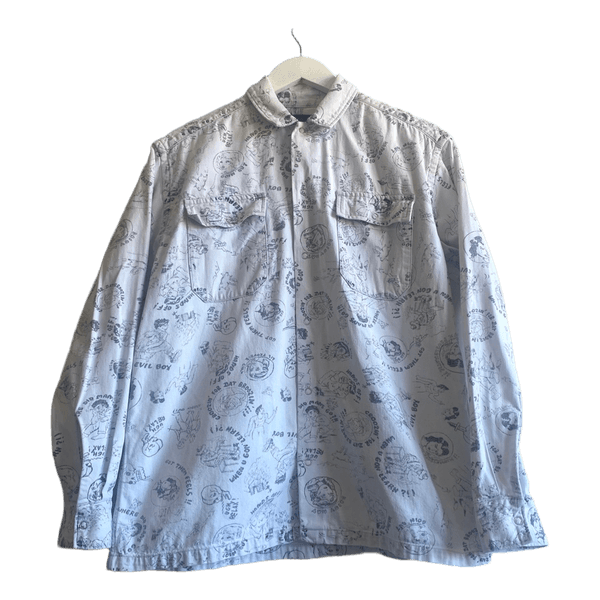 AllSaints Oversized Snap Button Overshirt Graphic Print White XS Unisex Y2K Streetwear