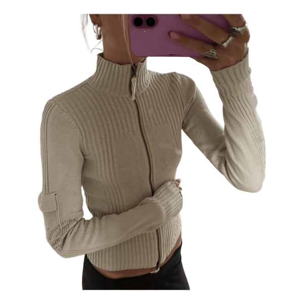 Beige ribstrikket lynlåstrøje